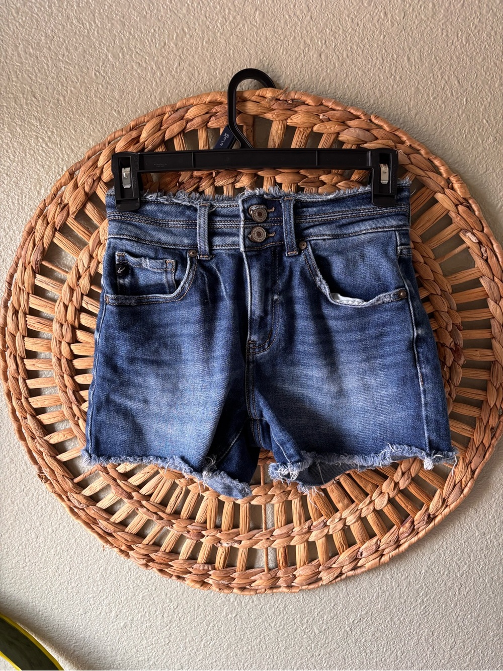 KanCan Frayed Hem Mid-Blue Denim Shorts